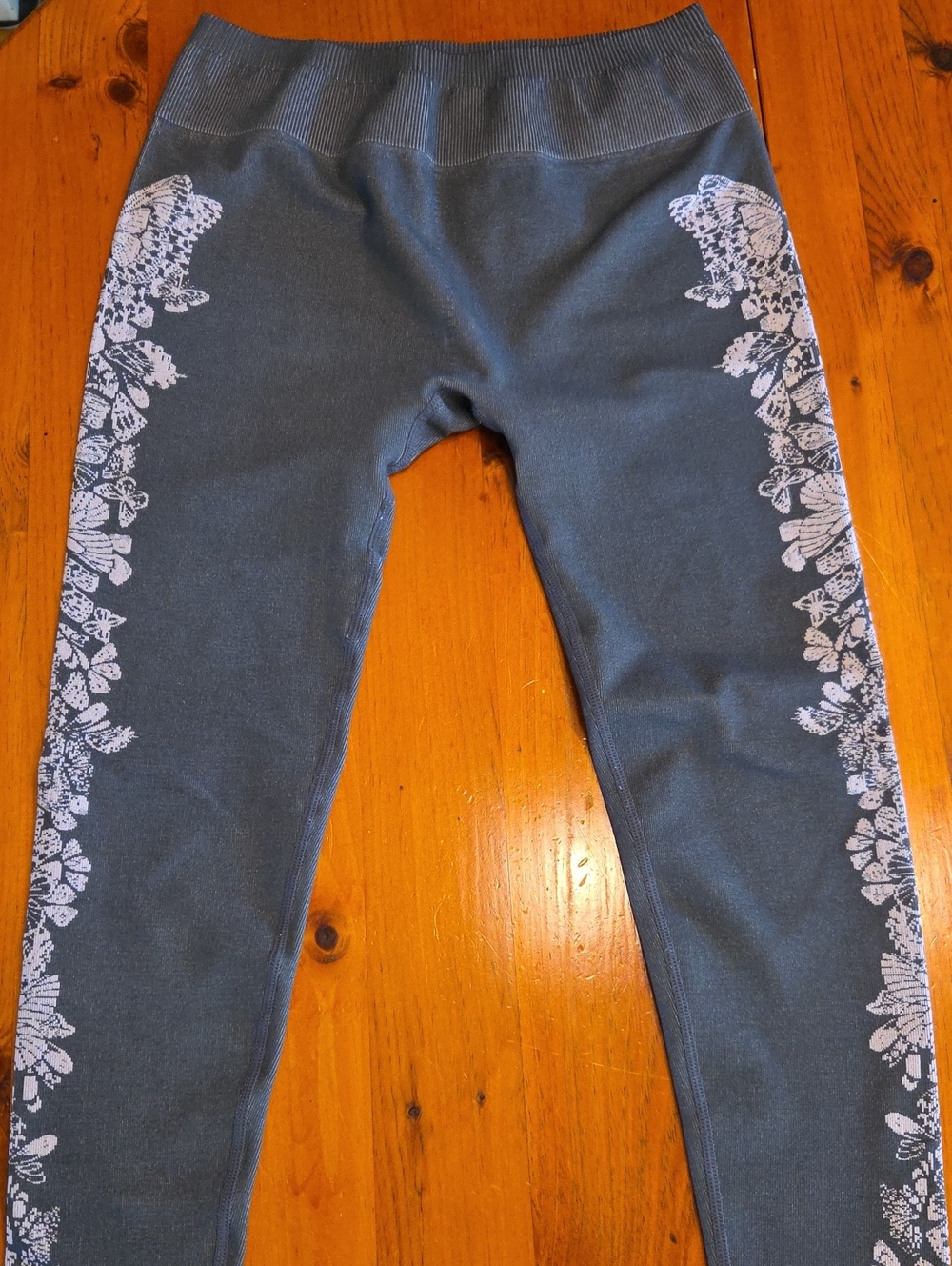 Fabletics Blue Leggings with White Floral Side Trim